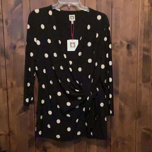 Anne Klein Black and White Wrap Blouse with 3/4 Sleeves - Picture 1 of 6